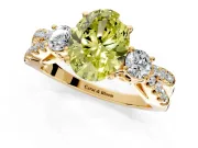 3 Stone Engagement Ring Setting for Fancy Yellow Oval Center with Pave Split Shank and Prong Head in Yellow Gold
