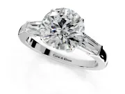 3 Stone Engagement Ring Setting for Round Cut Center with Baguette Accents and Prong Head in Sterling Silver