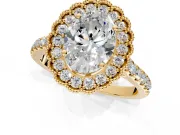 Milgrain Floral Halo Engagement Ring Setting for Oval Center with Pave Band and Prong Head in Yellow Gold