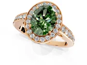 Bezel-Framed Halo Engagement Ring Setting for Fancy Green Oval Center with Pave Band and Prong Head in Rose Gold