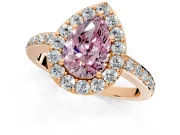 Halo Engagement Ring Setting for Fancy Pink Pear-Shaped Center with Heart-Shaped Openwork, Pave Band and Prong Head in Rose Gold