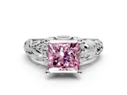 Solitaire Engagement Ring Setting for Fancy Pink Princess Cut Center with Filigree Accent Basket and Prong Head in White Gold