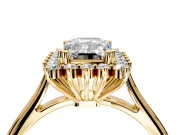 Starburst Halo Engagement Ring Setting for Emerald Cut Center with Thin Round-Wire Band and Prong Head in Yellow Gold