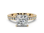 Solitaire Engagement Ring Setting for Princess Cut Center with Single Row Accent Band and Prong Head in Yellow Gold