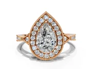 Halo Engagement Ring Setting for Pear-Shaped Center with Milgrain Rim, Pave Band and Prong Head in Rose Gold