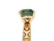 Solitaire Engagement Ring Setting for Fancy Green Cushion Cut Center with XO Engraved Band and Prong Head in Yellow Gold