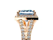 Halo Engagement Ring Setting for Fancy Blue Princess Cut Center with Pave Split Shank and Prong Head in Rose Gold