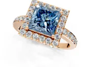 Halo Engagement Ring Setting for Fancy Blue Princess Cut Center with Heart-Shaped Openwork, Pave Band and Prong Head in Rose Gold