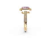 Milgrain Halo Engagement Ring Setting for Fancy Pink Radiant Cut Center with Three-Sided Pave Band and Prong Head in Yellow Gold