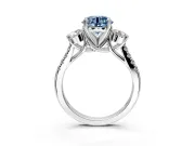 3 Stone Engagement Ring Setting for Fancy Blue Round Cut Center with Crossover Basket, Pave Band and Prong Head in Sterling Silver
