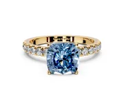 Open Basket Engagement Ring Setting for Fancy Blue Cushion Cut Center with Pave Band and Prong Head in Yellow Gold