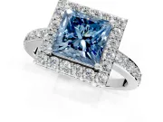 Halo Engagement Ring Setting for Fancy Blue Princess Cut Center with Heart-Shaped Openwork, Pave Band and Prong Head in White Gold
