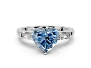 3 Stone Engagement Ring Setting for Fancy Blue Heart-Shaped Center with Tapered Baguettes, Plain Band and Prong Head in White Gold