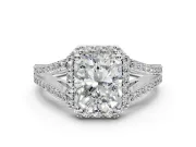 Halo Engagement Ring Setting for Radiant Cut Center with Pave Split Shank and Prong Head in White Gold