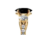 3 Stone Engagement Ring Setting for Fancy Black Oval Center with Crossover Basket, Pave Band and Prong Head in Yellow Gold