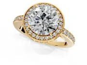 Halo Engagement Ring Setting for Round Cut Center with Metal-Rimmed Halo, Pave Band and Prong Head in Yellow Gold