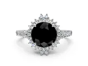 Sunburst Halo Engagement Ring Setting for Fancy Black Round Cut Center with Pave Band and Prong Head in Platinum