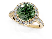 Halo Engagement Ring Setting for Fancy Green Round Cut Center with Narrowing Pave Band and Prong Head in Yellow Gold