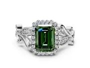 Halo Engagement Ring Setting for Fancy Green Emerald Cut Center with Leaf Motif Split Shank and Prong Head in Platinum
