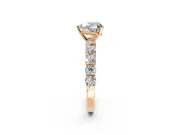 Shared-Prong Engagement Ring Setting for Heart-Shaped Center with Graduated Accents and Prong Head in Rose Gold