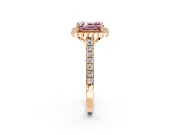 Milgrain Floral Halo Engagement Ring Setting for Fancy Pink Asscher Cut Center with Pave Band and Prong Head in Rose Gold