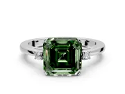 3 Stone Engagement Ring Setting for Fancy Green Asscher Cut Center with Low-Set Round Cut Accents and Prong Head in Platinum
