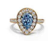 Bezel-Framed Halo Engagement Ring Setting for Fancy Blue Pear-Shaped Center with Pave Band and Prong Head in Yellow Gold