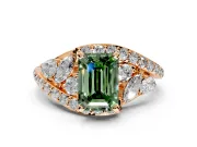 Halo Engagement Ring Setting for Fancy Green Emerald Cut Center with Marquise and Pave Bypass Band and Prong Head in Rose Gold