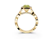 Halo Engagement Ring Setting for Fancy Yellow Emerald Cut Center with Twist Band and Prong Head in Yellow Gold