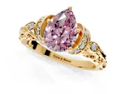 Solitaire Engagement Ring Setting for Fancy Pink Pear-Shaped Center with Filigree Band and Prong Head in Yellow Gold