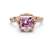 Halo Engagement Ring Setting for Fancy Pink Princess Cut Center with Openwork Halo, Pave Band and Prong Head in Rose Gold