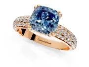 Solitaire Engagement Ring Setting for Fancy Blue Cushion Cut Center with Multi-Row Pave Accents and Basket Head in Rose Gold