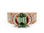 Pave Engagement Ring Setting for Fancy Green Emerald Cut Center with Curved Accent Rows, Openwork and Prong Head in Rose Gold