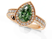 Milgrain Halo Engagement Ring Setting for Fancy Green Pear-Shaped Center with Wide Pave Band and Prong Head in Rose Gold