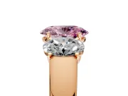 3 Stone Engagement Ring Setting for Fancy Pink Oval Center with Raised Basket Heads and Prong Head in Rose Gold