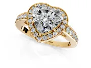 Bezel-Framed Halo Engagement Ring Setting for Heart-Shaped Center with Pave Band and Prong Head in Yellow Gold