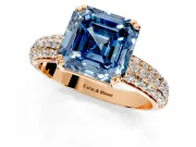 Solitaire Engagement Ring Setting for Fancy Blue Asscher Cut Center with Multi-Row Pave Accents and Basket Head in Rose Gold
