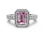 Milgrain Halo Engagement Ring Setting for Fancy Pink Emerald Cut Center with Wide Pave Band and Prong Head in White Gold