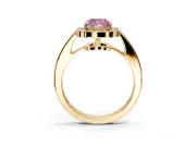 Bezel-Framed Halo Engagement Ring Setting for Fancy Pink Cushion Cut Center with Pave Band and Prong Head in Yellow Gold