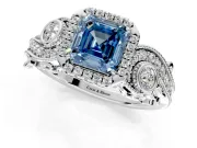 Milgrain Halo Engagement Ring Setting for Fancy Blue Asscher Cut Center with Shoulder Bezels and Prong Head in Platinum
