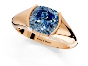 Tension Engagement Ring Setting for Fancy Blue Cushion Cut Center with Wide Tapered Band and Tension Head in Rose Gold