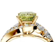 Halo Engagement Ring Setting for Fancy Yellow Princess Cut Center with Marquise and Pave Bypass Band and Prong Head in Yellow Gold