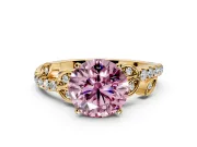 Leaf Motif Engagement Ring Setting for Fancy Pink Round Cut Center with Pave Band and Prong Head in Yellow Gold