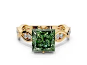 Solitaire Engagement Ring Setting for Fancy Green Princess Cut Center with Accented Twist Band and Leaf Prong Head in Yellow Gold