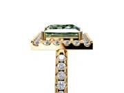 Pave Halo Engagement Ring Setting for Fancy Green Princess Cut Center with Single Row Pave Band and Prong Head in Yellow Gold