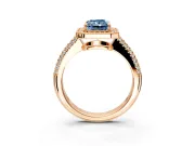Milgrain Halo Engagement Ring Setting for Fancy Blue Radiant Cut Center with Three-Sided Pave Band and Prong Head in Rose Gold