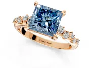 Solitaire Engagement Ring Setting for Fancy Blue Princess Cut Center with Trailing Leaf Accent Band and Prong Head in Rose Gold