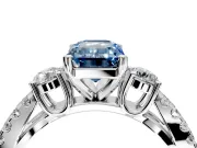 3 Stone Engagement Ring Setting for Fancy Blue Emerald Cut Center with Pave Split Shank and Prong Head in White Gold