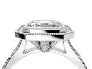Halo Engagement Ring Setting for Asscher Cut Center with Milgrain Pave Band and Bezel Head in White Gold