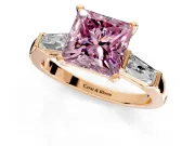 3 Stone Engagement Ring Setting for Fancy Pink Princess Cut Center with Tapered Baguettes, Plain Band and Prong Head in Rose Gold